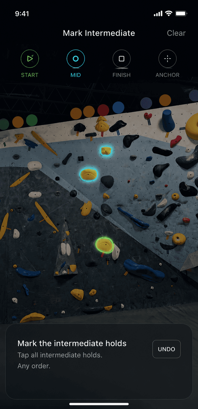 Rocky app — marking intermediate holds on a climbing wall