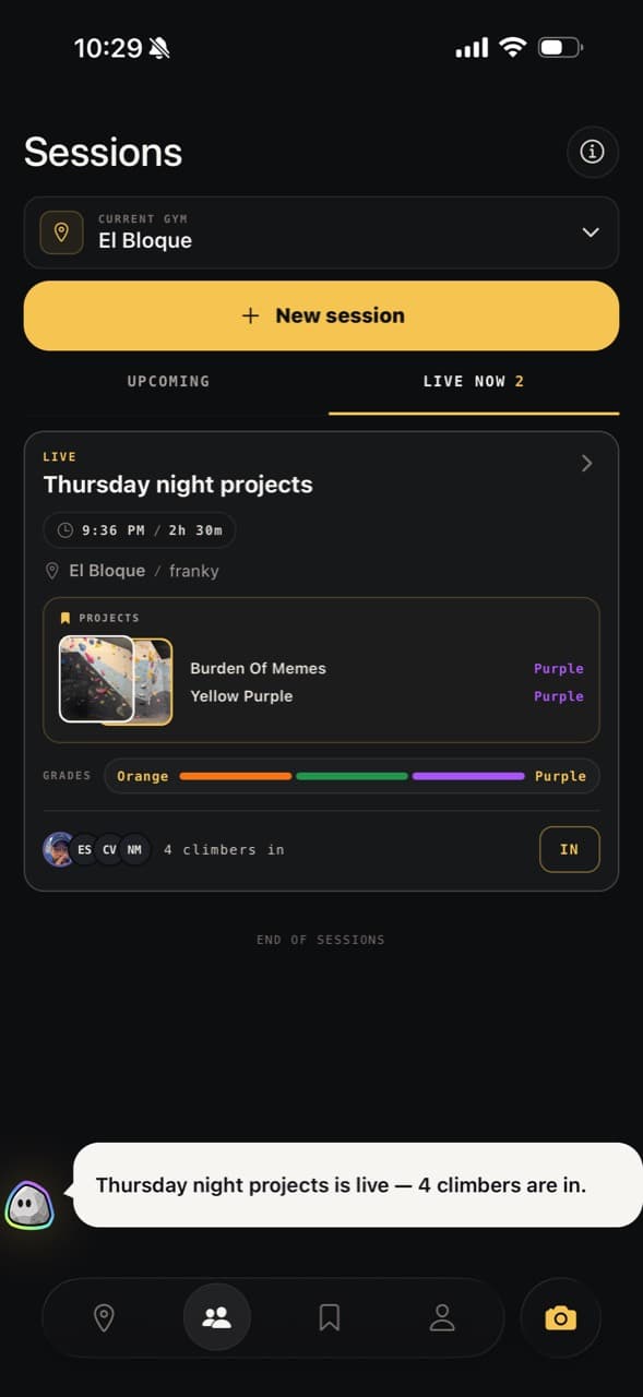 Live Rocky session with four climbers and two projects