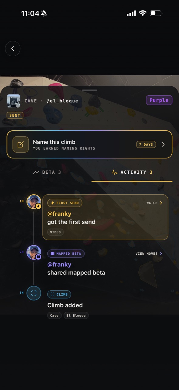Rocky activity tab showing Franky sharing video and mapped beta